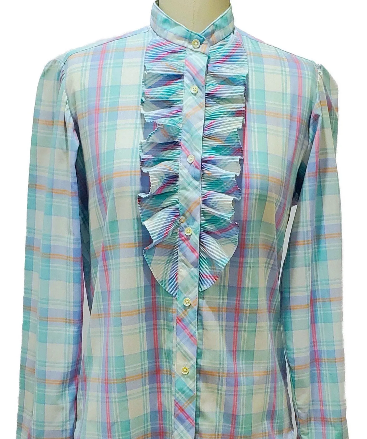 Portrait ruffle | 1970s plaid ruffled shirt | small
