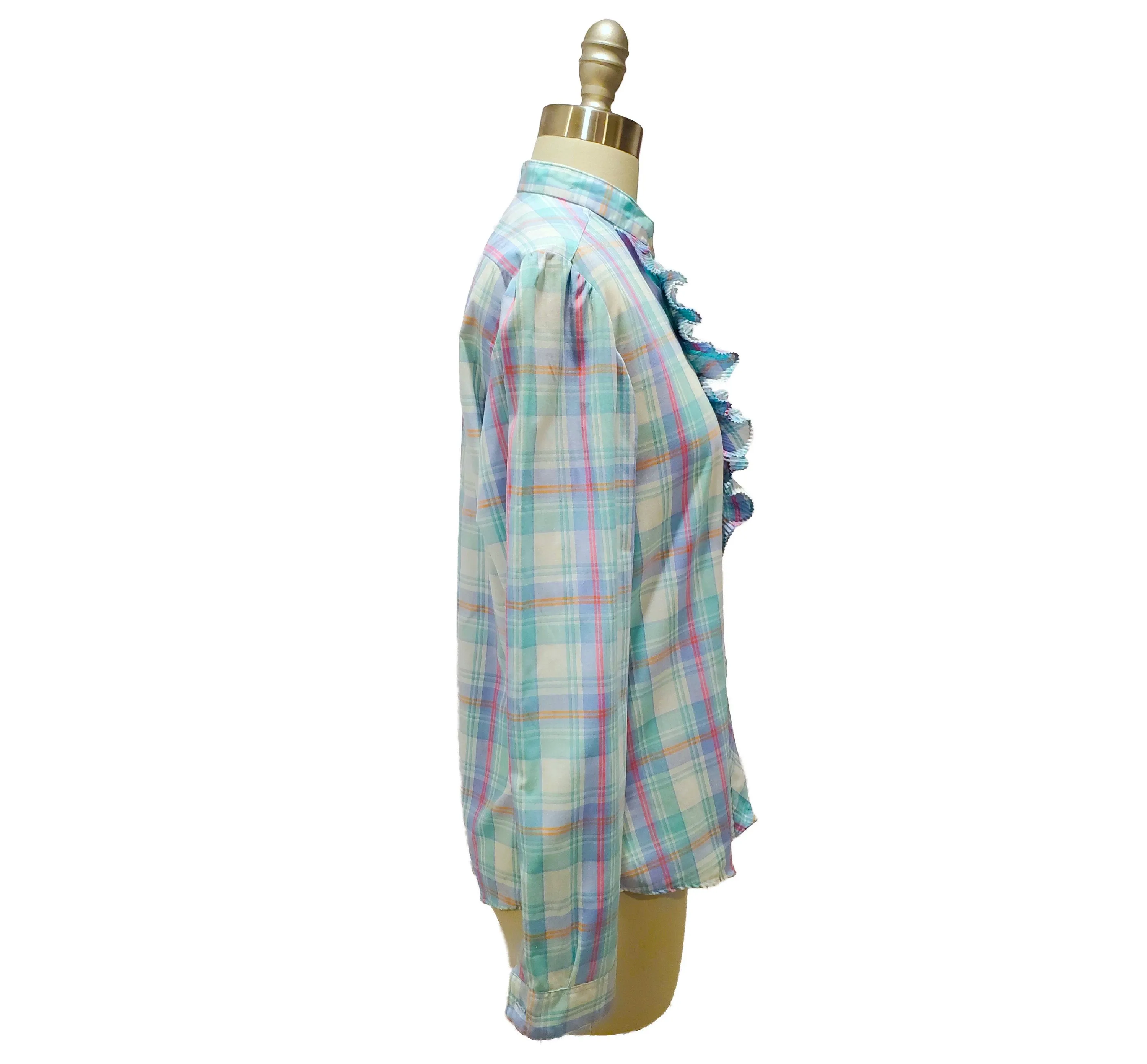 Portrait ruffle | 1970s plaid ruffled shirt | small