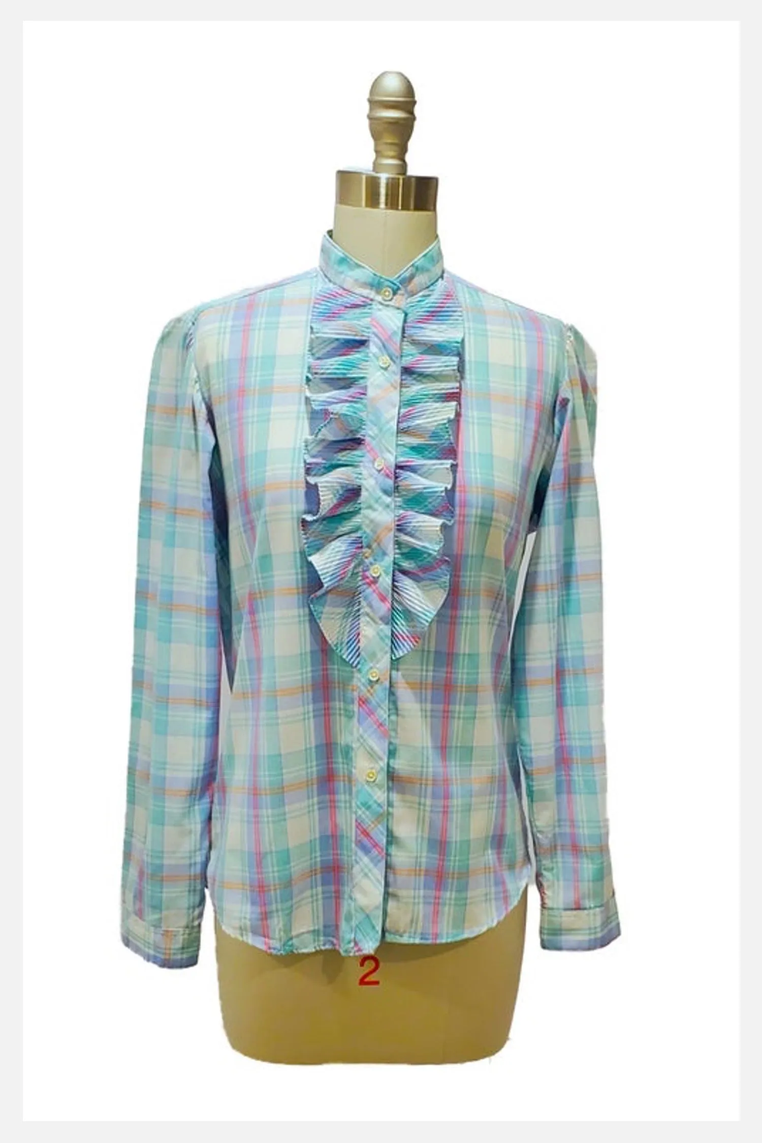 Portrait ruffle | 1970s plaid ruffled shirt | small