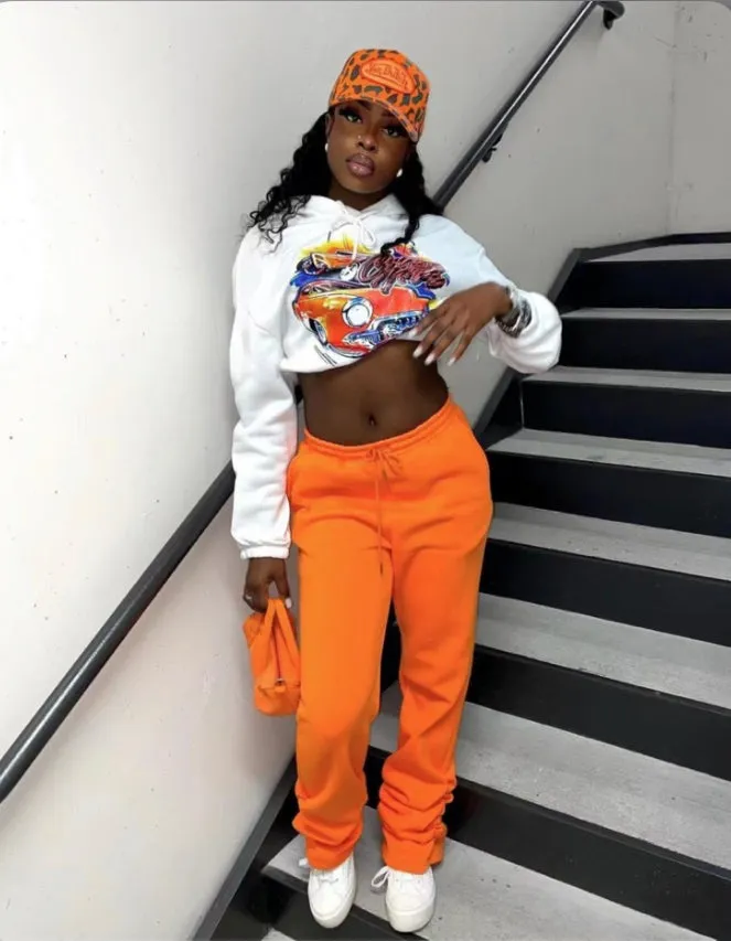 Printed Long Sleeve Hooded Sweatshirts Solid Pants 2 Piece Sets