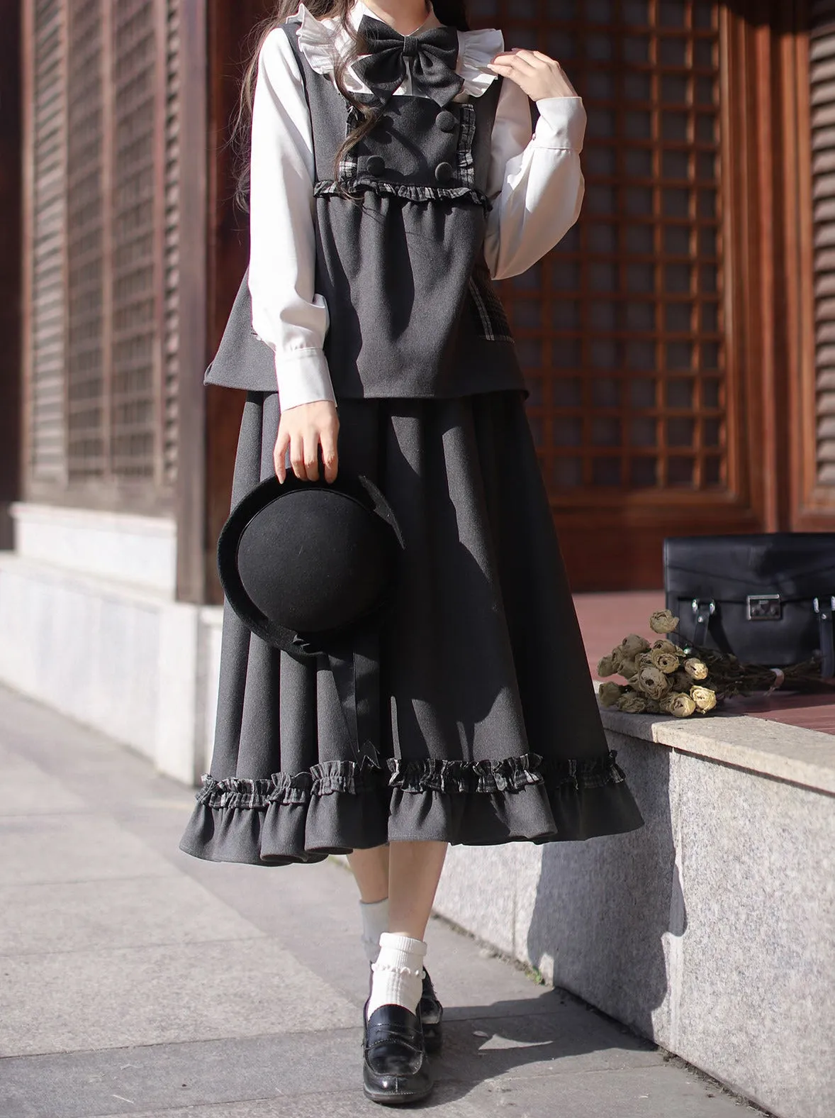Ruffle Style Check Skirt Ruffle Suit   Ribbon White College Original Shirt Ruffle   Vest