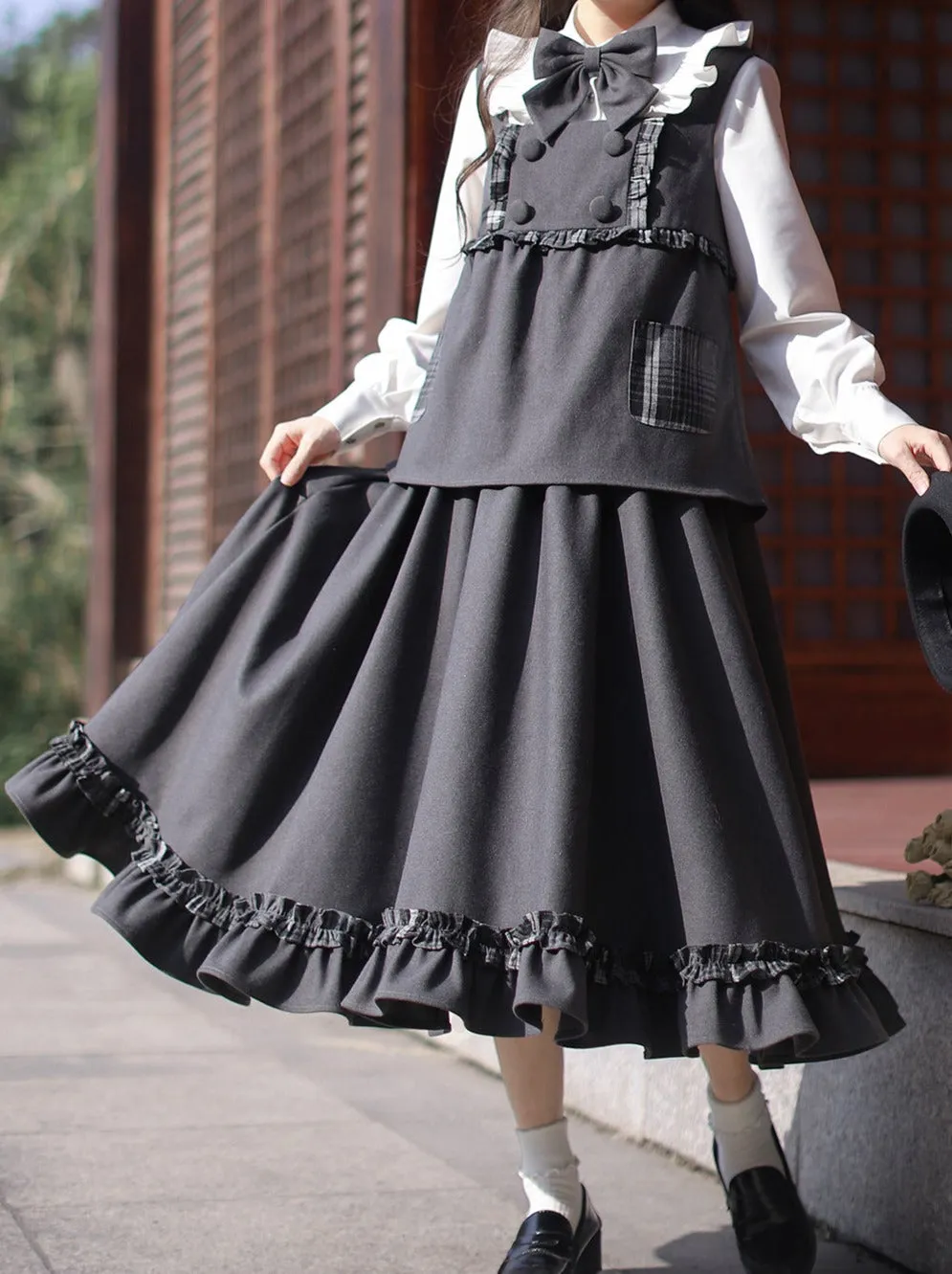 Ruffle Style Check Skirt Ruffle Suit   Ribbon White College Original Shirt Ruffle   Vest