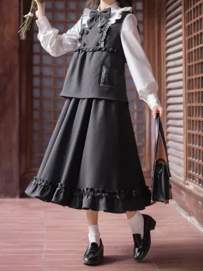 Ruffle Style Check Skirt Ruffle Suit   Ribbon White College Original Shirt Ruffle   Vest
