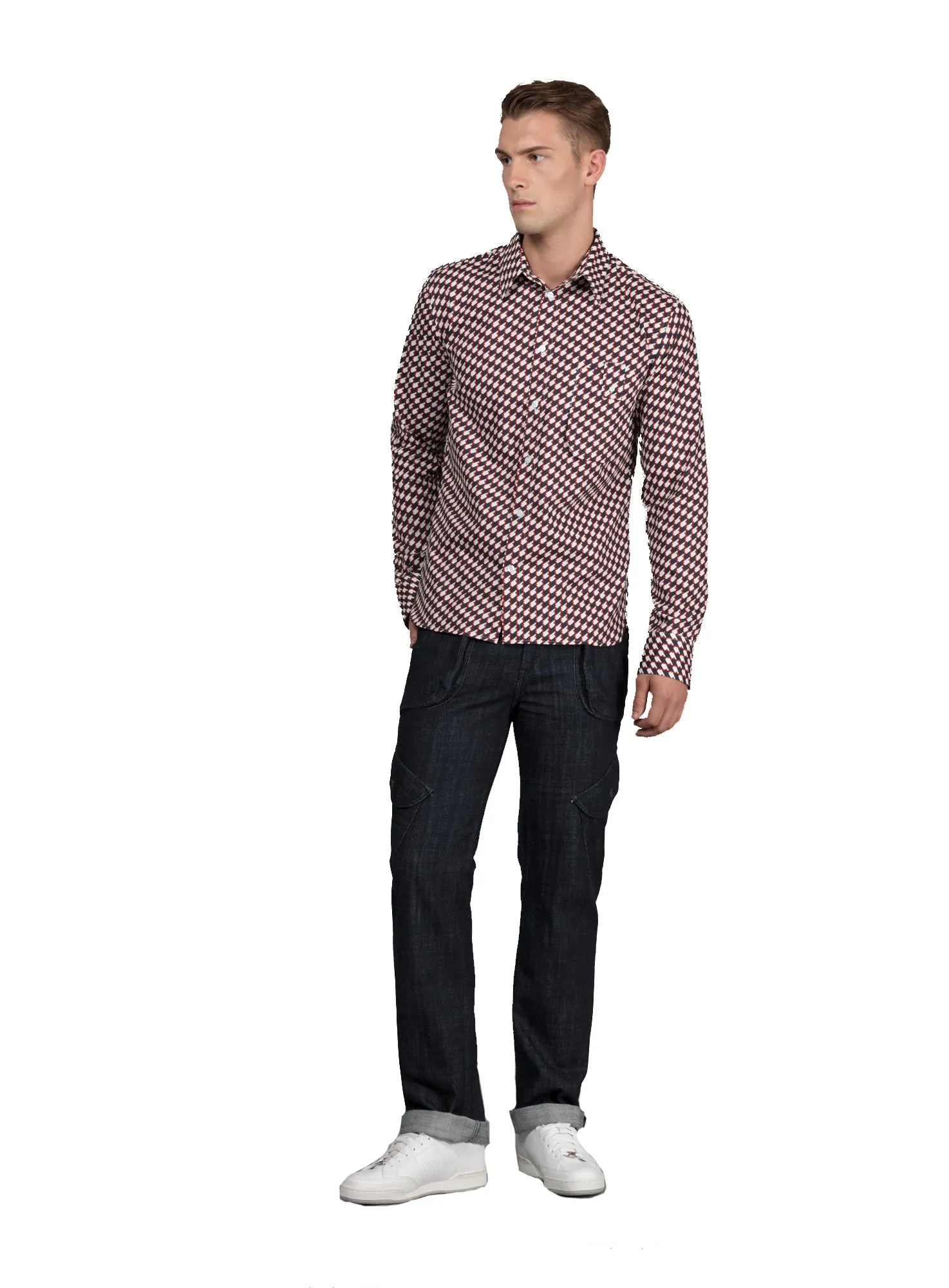Slim-Fit Print Shirt with Pleated Back - Red