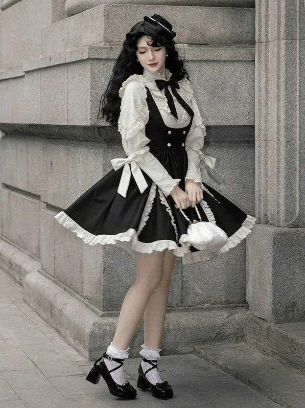 Strap Ribbon Ruffle   Stand Shirt Collar Ruffle Skirt