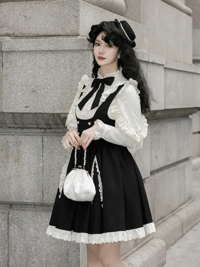Strap Ribbon Ruffle   Stand Shirt Collar Ruffle Skirt