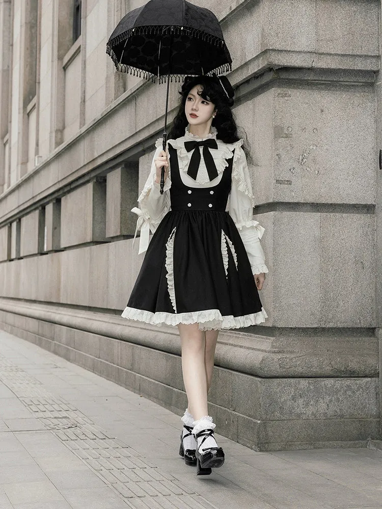 Strap Ribbon Ruffle   Stand Shirt Collar Ruffle Skirt