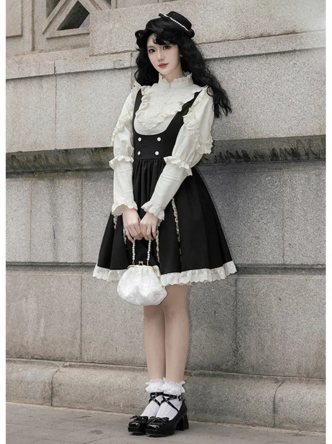 Strap Ribbon Ruffle   Stand Shirt Collar Ruffle Skirt