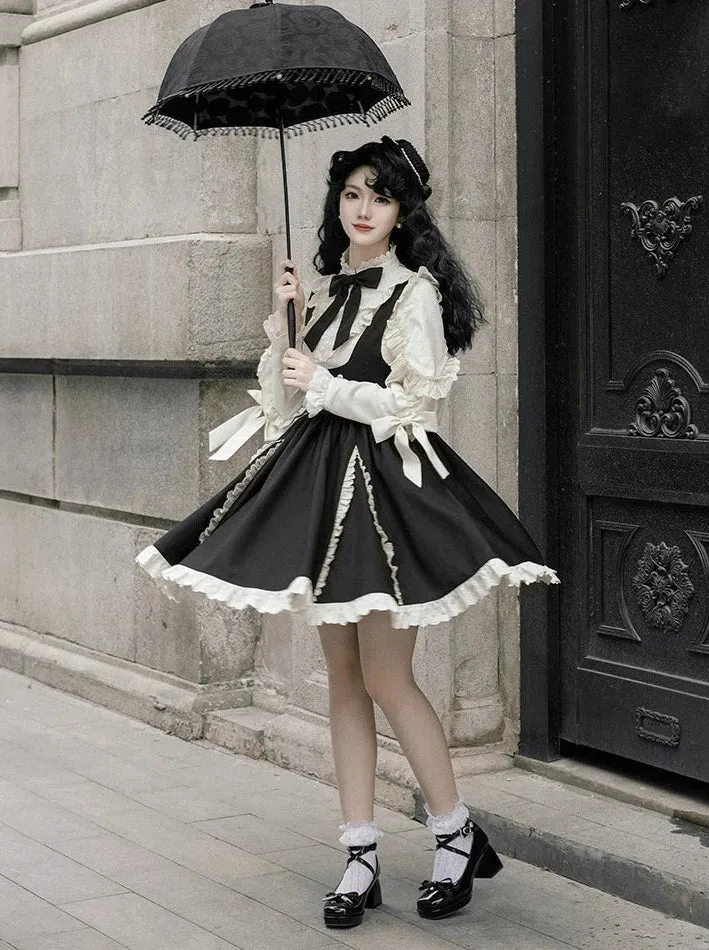 Strap Ribbon Ruffle   Stand Shirt Collar Ruffle Skirt