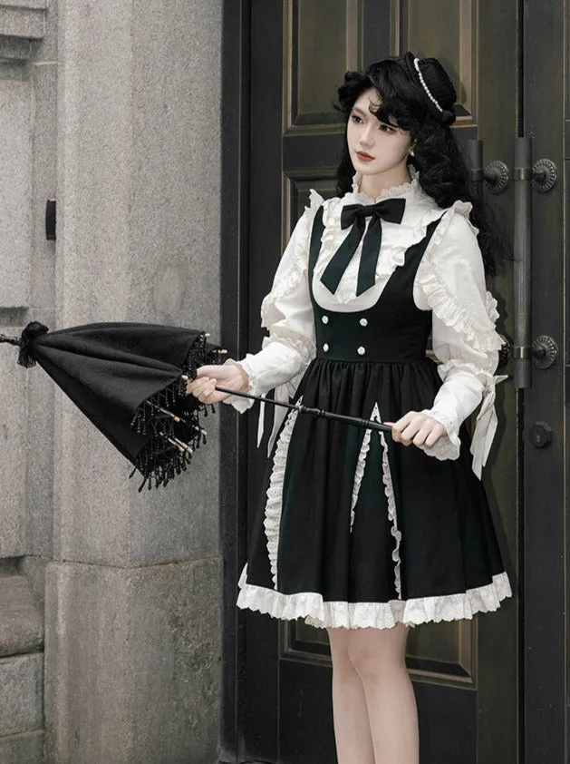 Strap Ribbon Ruffle   Stand Shirt Collar Ruffle Skirt