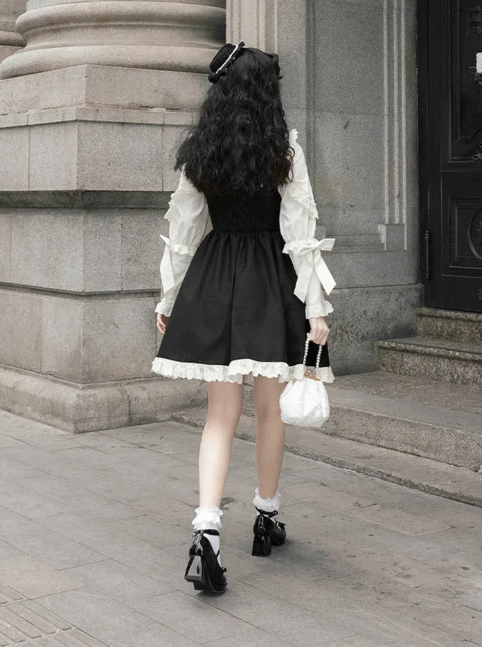 Strap Ribbon Ruffle   Stand Shirt Collar Ruffle Skirt