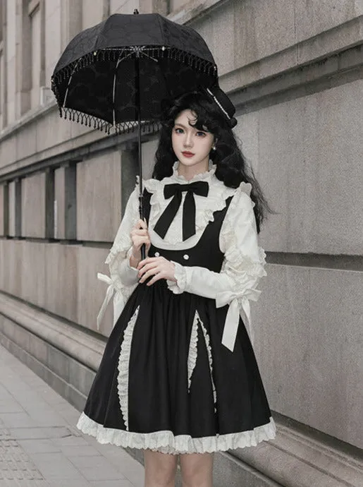 Strap Ribbon Ruffle   Stand Shirt Collar Ruffle Skirt