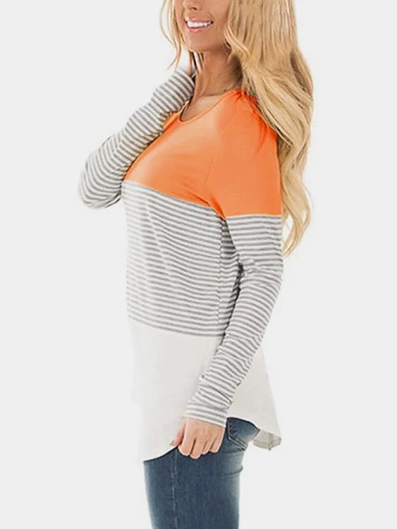 Wholesale Round Neck Stripe Long Sleeve Curved Hem T-Shirts