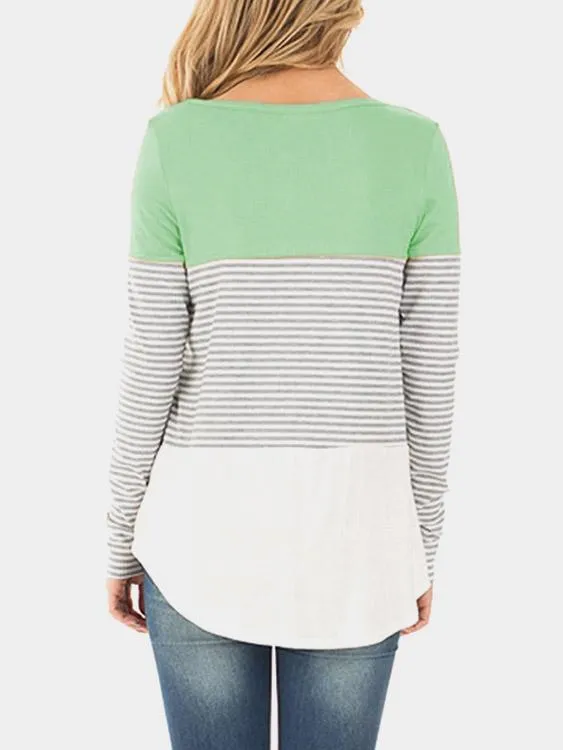 Wholesale Round Neck Stripe Long Sleeve Curved Hem T-Shirts