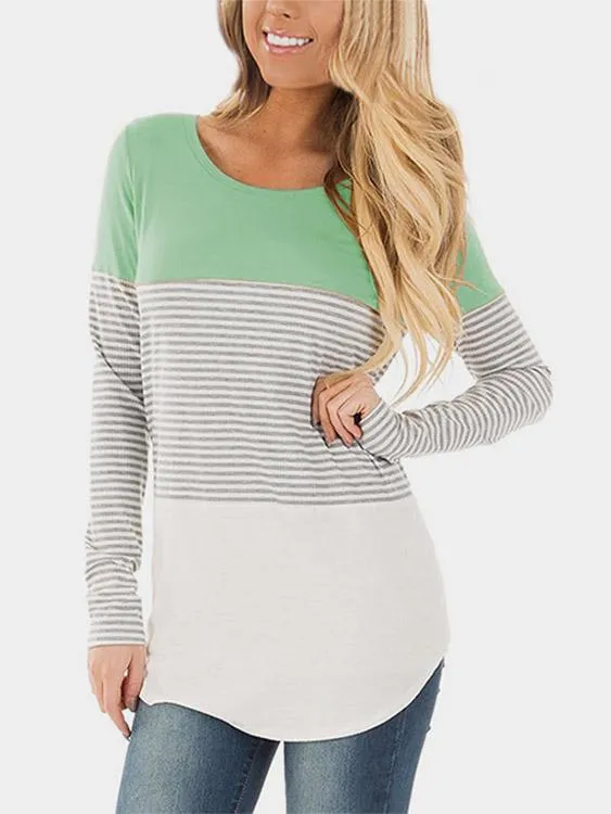 Wholesale Round Neck Stripe Long Sleeve Curved Hem T-Shirts