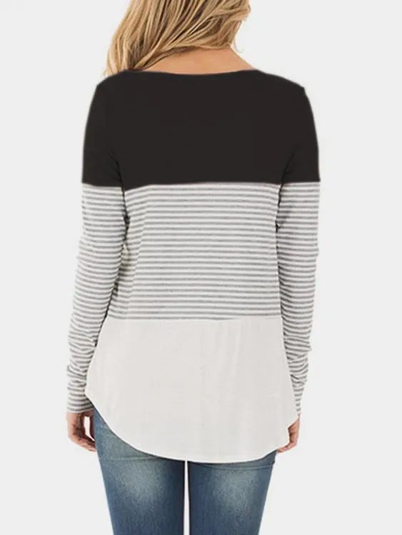 Wholesale Round Neck Stripe Long Sleeve Curved Hem T-Shirts
