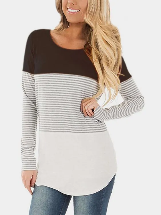 Wholesale Round Neck Stripe Long Sleeve Curved Hem T-Shirts