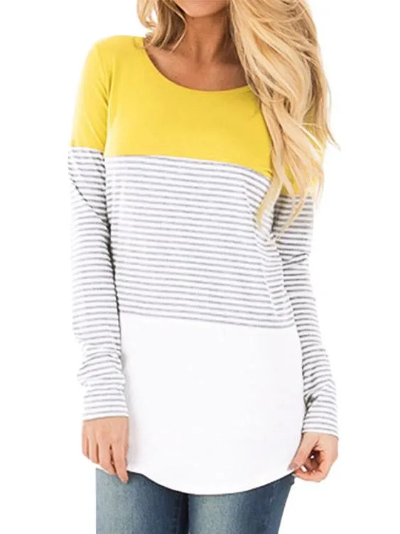Wholesale Round Neck Stripe Long Sleeve Curved Hem T-Shirts