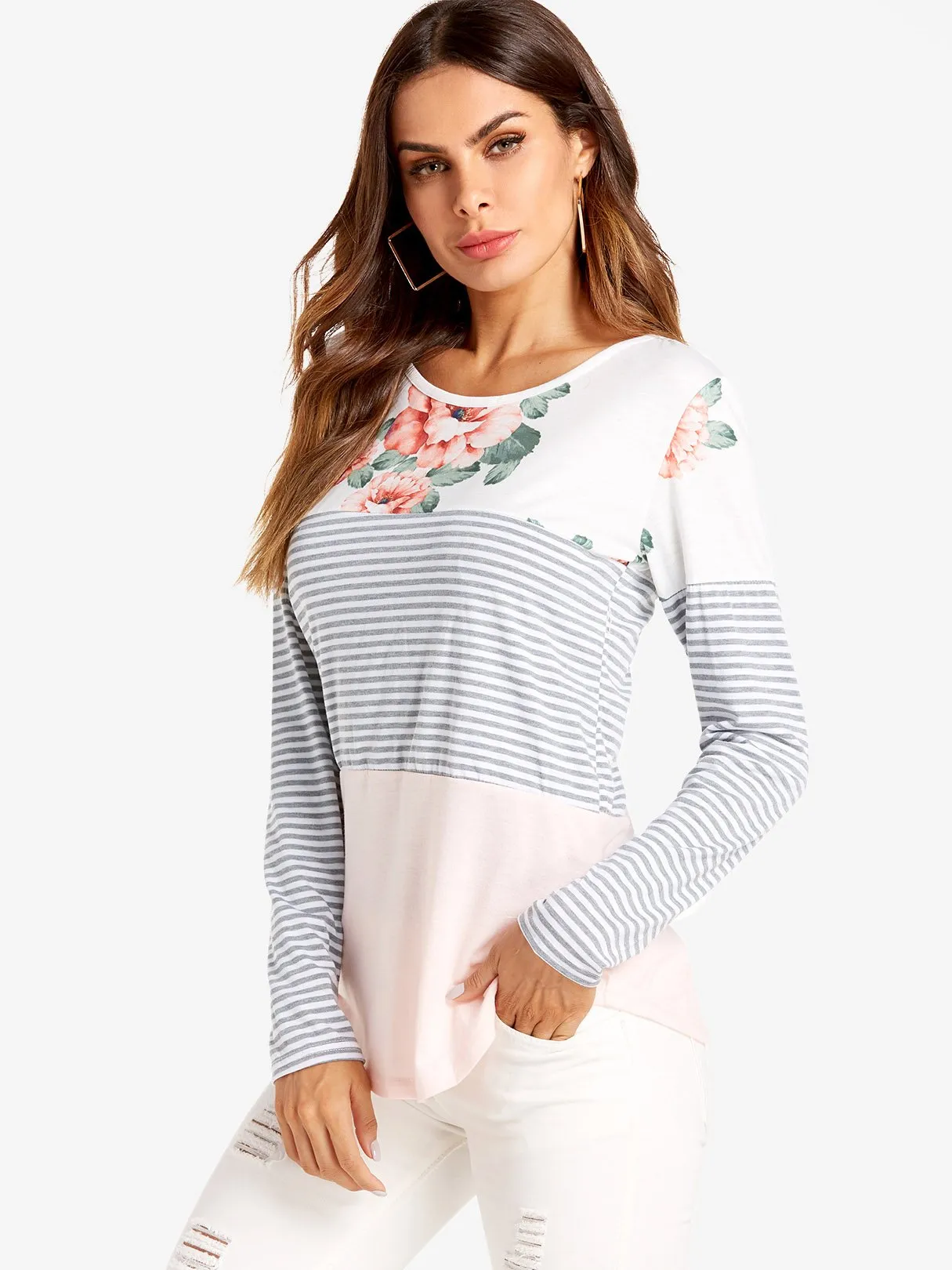 Wholesale Round Neck Stripe Long Sleeve Curved Hem T-Shirts