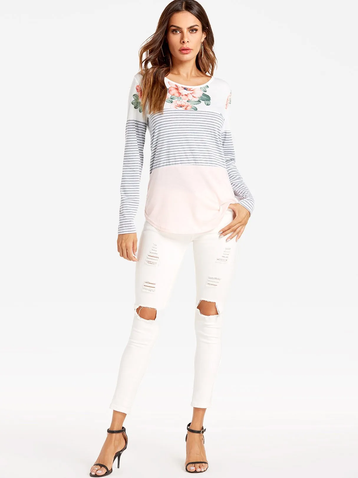 Wholesale Round Neck Stripe Long Sleeve Curved Hem T-Shirts
