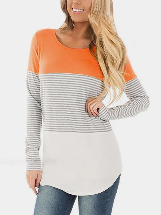 Wholesale Round Neck Stripe Long Sleeve Curved Hem T-Shirts