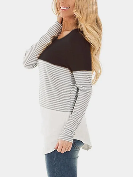Wholesale Round Neck Stripe Long Sleeve Curved Hem T-Shirts