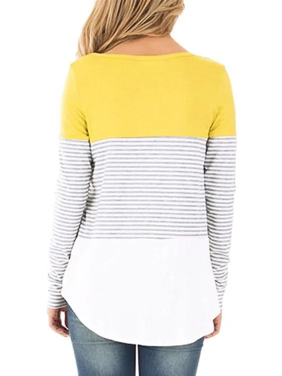 Wholesale Round Neck Stripe Long Sleeve Curved Hem T-Shirts