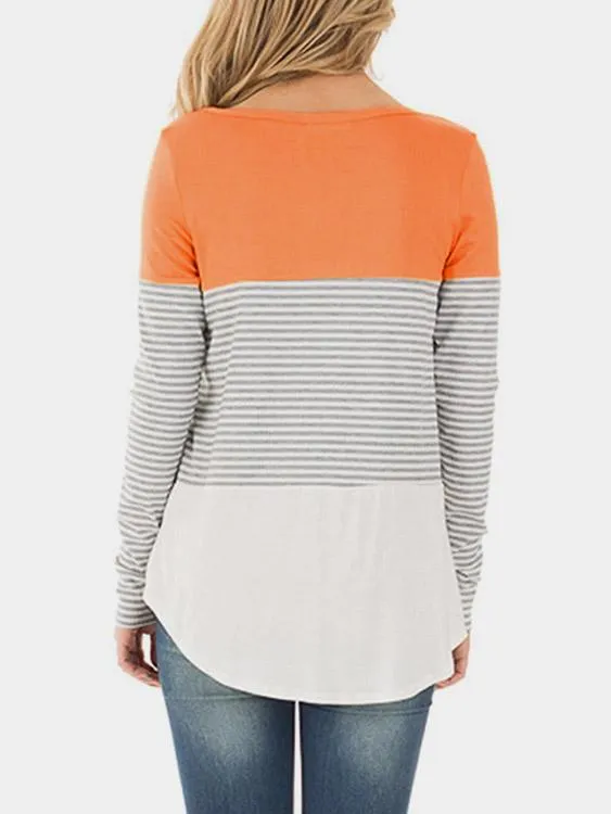Wholesale Round Neck Stripe Long Sleeve Curved Hem T-Shirts