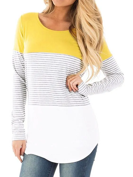Wholesale Round Neck Stripe Long Sleeve Curved Hem T-Shirts