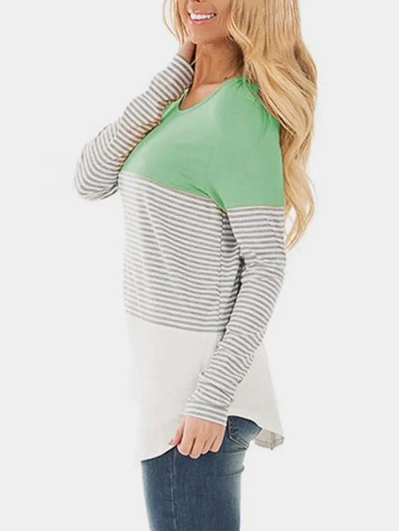 Wholesale Round Neck Stripe Long Sleeve Curved Hem T-Shirts