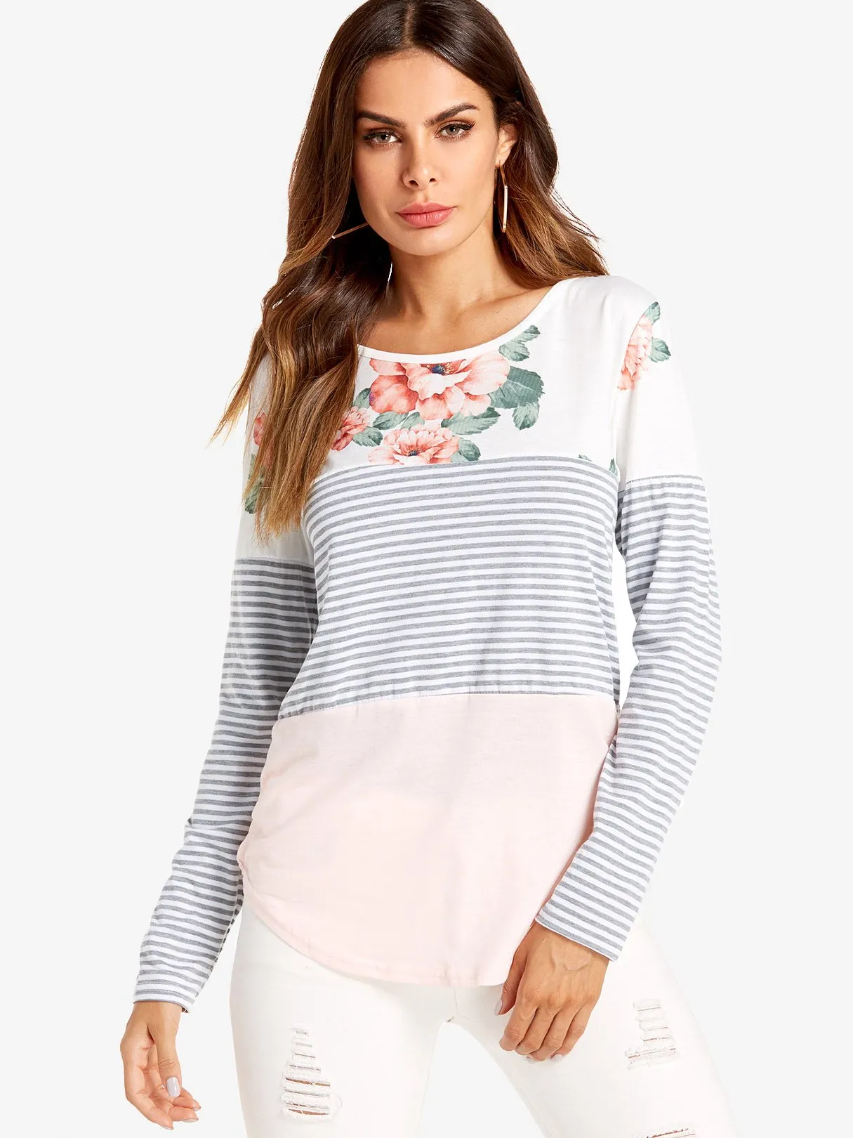 Wholesale Round Neck Stripe Long Sleeve Curved Hem T-Shirts