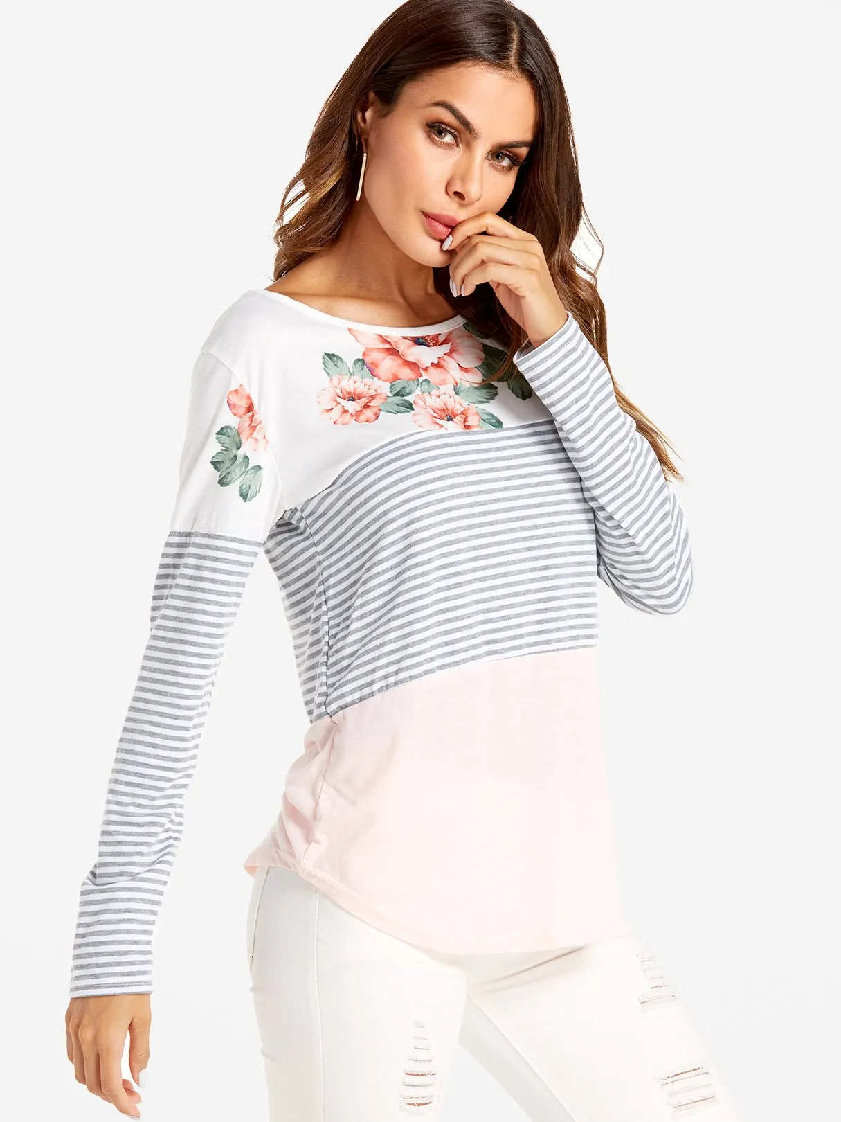 Wholesale Round Neck Stripe Long Sleeve Curved Hem T-Shirts